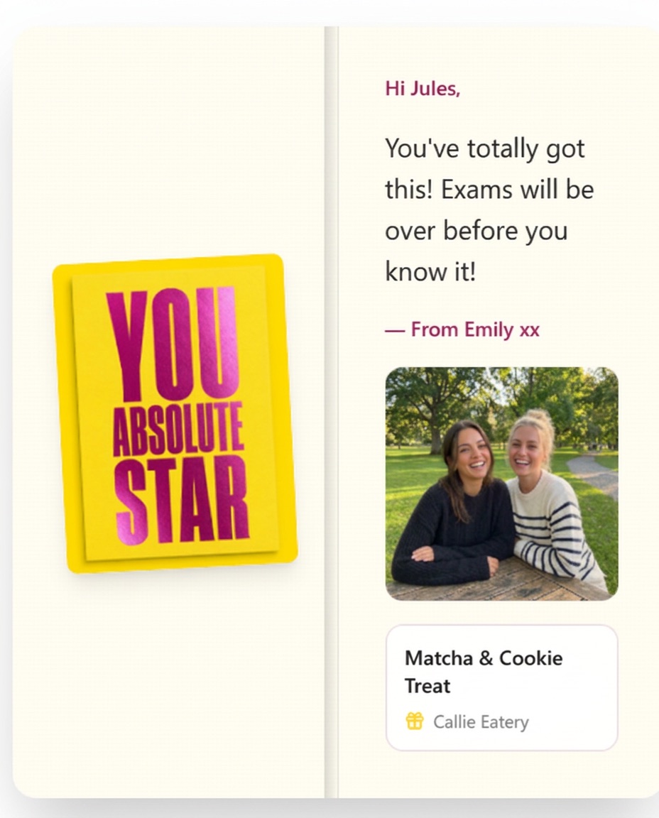 The opened gift card with a personal message, photo and voucher